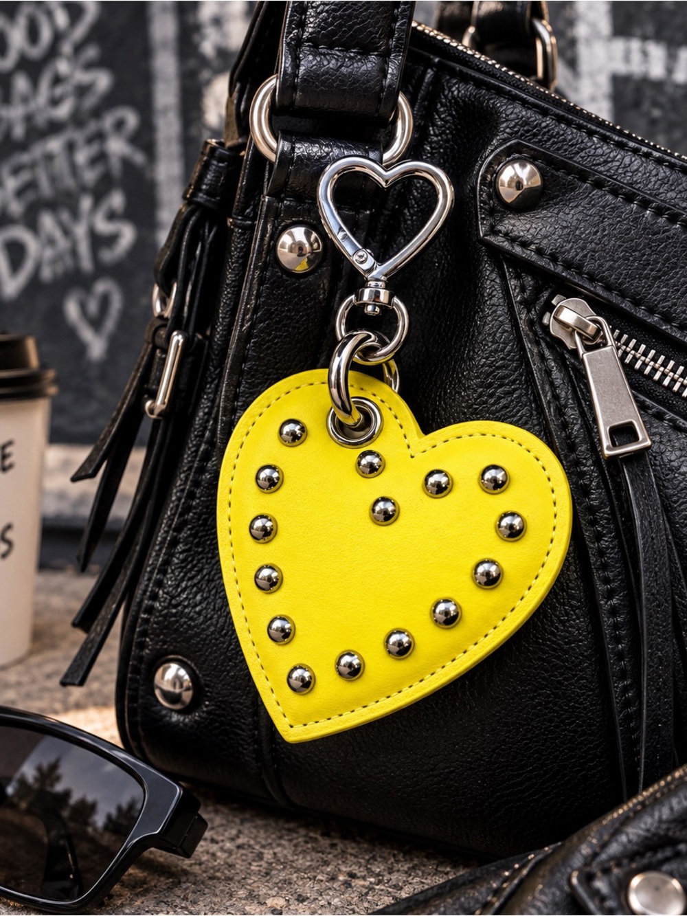 Yellow Studded Heart Bag Charm Keychain Silver Tone Heart Clasp New
